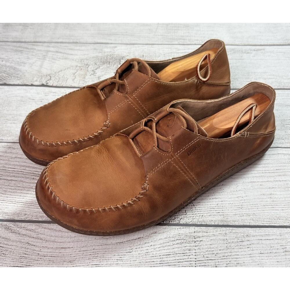 Olukai Men’s Honua Brown Leather Lace Up Moccasins Boat Shoes Size 11.5